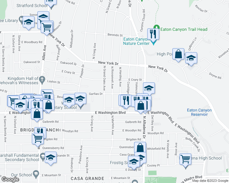 map of restaurants, bars, coffee shops, grocery stores, and more near 1476 North Roosevelt Avenue in Pasadena