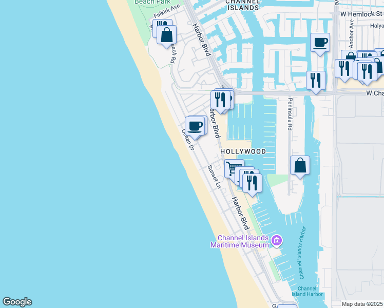 map of restaurants, bars, coffee shops, grocery stores, and more near 3945 Ocean Drive in Oxnard