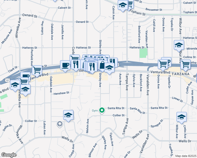 map of restaurants, bars, coffee shops, grocery stores, and more near 5535 Shirley Avenue in Los Angeles