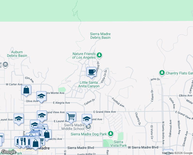 map of restaurants, bars, coffee shops, grocery stores, and more near 612 Holly Trail Path in Sierra Madre