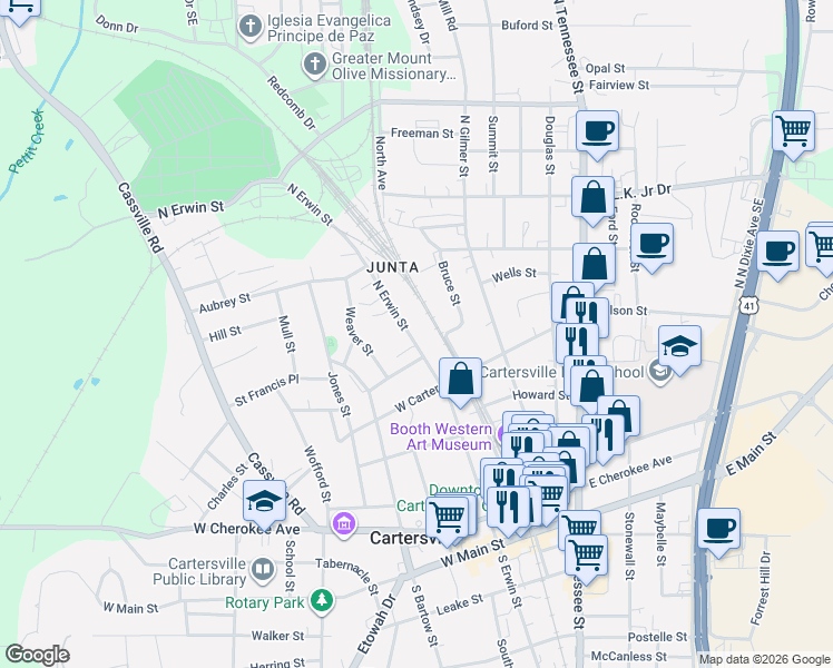 map of restaurants, bars, coffee shops, grocery stores, and more near 221 North Erwin Street in Cartersville
