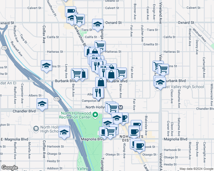 map of restaurants, bars, coffee shops, grocery stores, and more near 5550 Lankershim Boulevard in Los Angeles