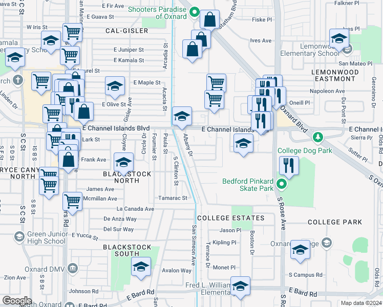 map of restaurants, bars, coffee shops, grocery stores, and more near 3054 Albany Drive in Oxnard