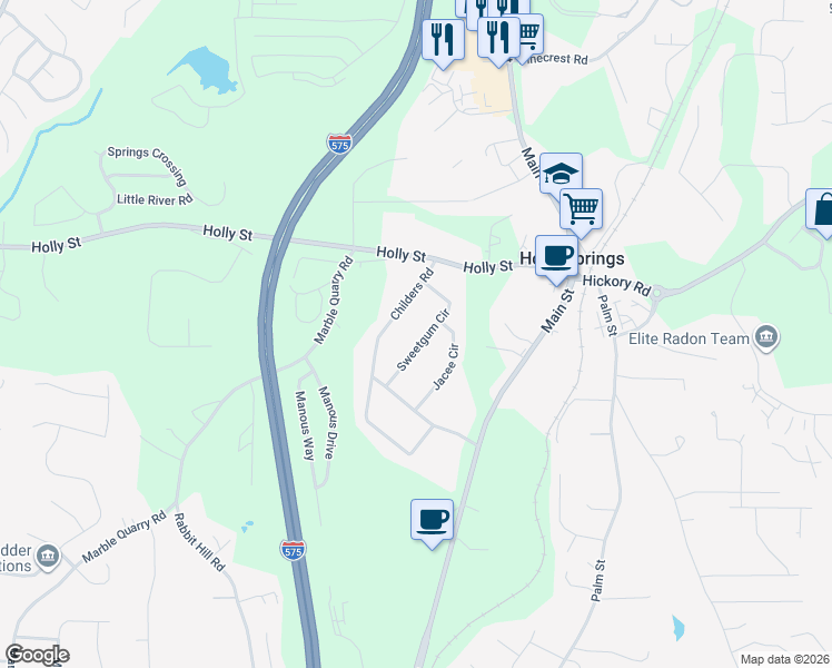 map of restaurants, bars, coffee shops, grocery stores, and more near 107 Sweetgum Cir in Canton