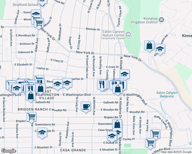 map of restaurants, bars, coffee shops, grocery stores, and more near 1476 North Roosevelt Avenue in Pasadena