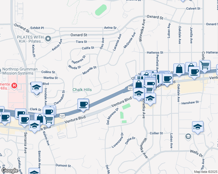 map of restaurants, bars, coffee shops, grocery stores, and more near 20315 Clark Street in Los Angeles