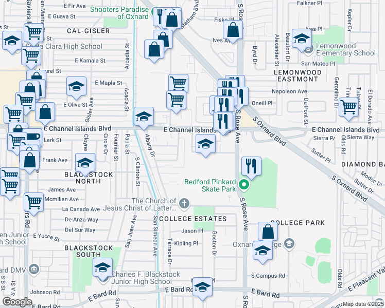 map of restaurants, bars, coffee shops, grocery stores, and more near 1400 Raiders Way in Oxnard