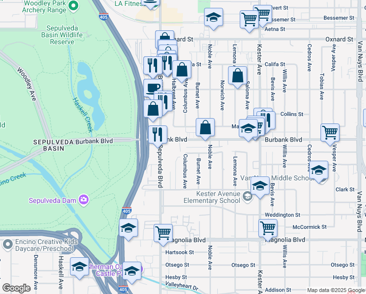 map of restaurants, bars, coffee shops, grocery stores, and more near 15206 Burbank Boulevard in Los Angeles