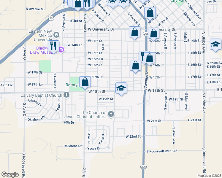 map of restaurants, bars, coffee shops, grocery stores, and more near 716 West 18th Street in Portales