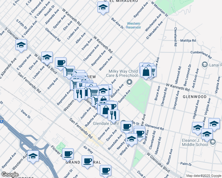 map of restaurants, bars, coffee shops, grocery stores, and more near 1172 Justin Avenue in Glendale
