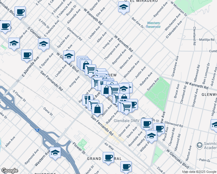 map of restaurants, bars, coffee shops, grocery stores, and more near 1126 Western Avenue in Glendale