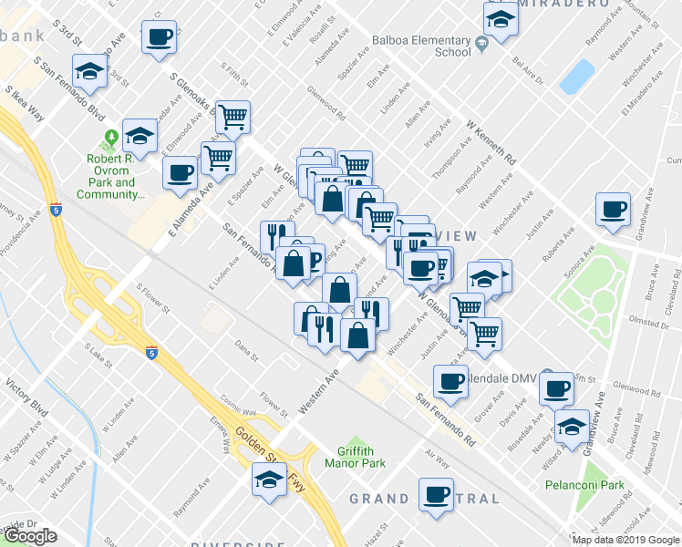 map of restaurants, bars, coffee shops, grocery stores, and more near 1063 Thompson Avenue in Glendale