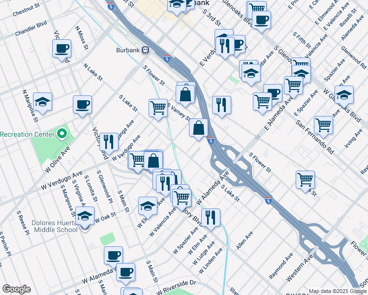 map of restaurants, bars, coffee shops, grocery stores, and more near 700 South Lake Street in Burbank