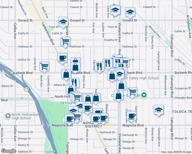 map of restaurants, bars, coffee shops, grocery stores, and more near 5554 Bonner Avenue in Los Angeles