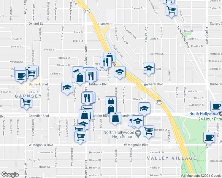 map of restaurants, bars, coffee shops, grocery stores, and more near 11940 Burbank Boulevard in Los Angeles