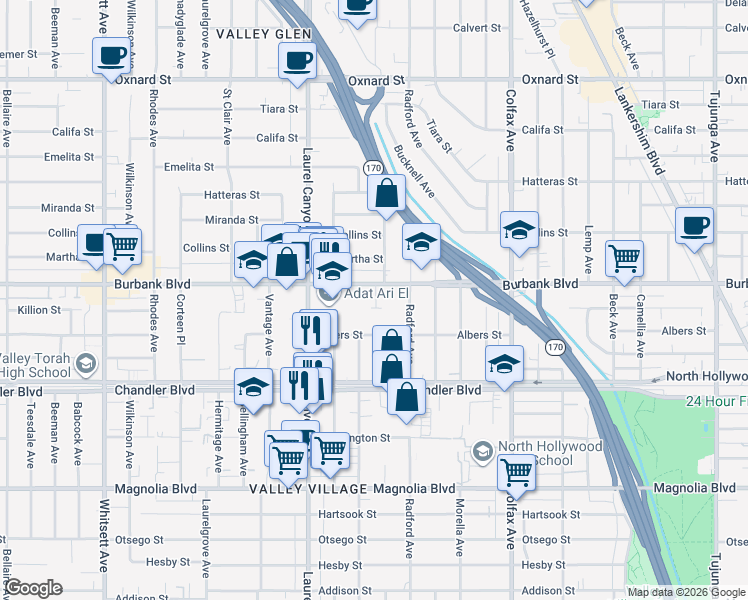 map of restaurants, bars, coffee shops, grocery stores, and more near 11940 Burbank Boulevard in Los Angeles