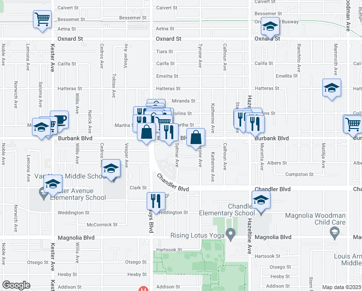 map of restaurants, bars, coffee shops, grocery stores, and more near 14348 Burbank Boulevard in Los Angeles