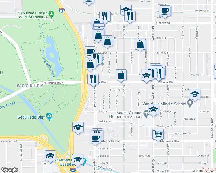 map of restaurants, bars, coffee shops, grocery stores, and more near 15161 Killion Street in Los Angeles