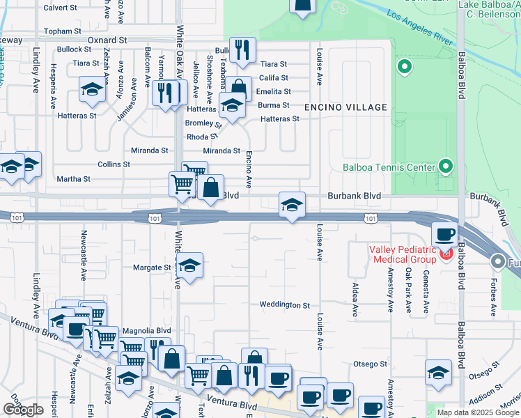 map of restaurants, bars, coffee shops, grocery stores, and more near 5534 Encino Avenue in Los Angeles