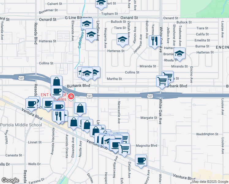 map of restaurants, bars, coffee shops, grocery stores, and more near 5541 Newcastle Avenue in Los Angeles