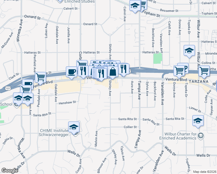 map of restaurants, bars, coffee shops, grocery stores, and more near 5541 Shirley Avenue in Los Angeles