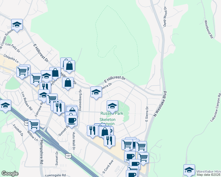 map of restaurants, bars, coffee shops, grocery stores, and more near 3195 East Sierra Drive in Westlake Village