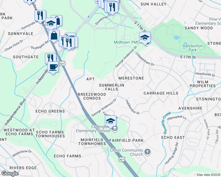 map of restaurants, bars, coffee shops, grocery stores, and more near 1003 Summerlin Falls Court in Wilmington