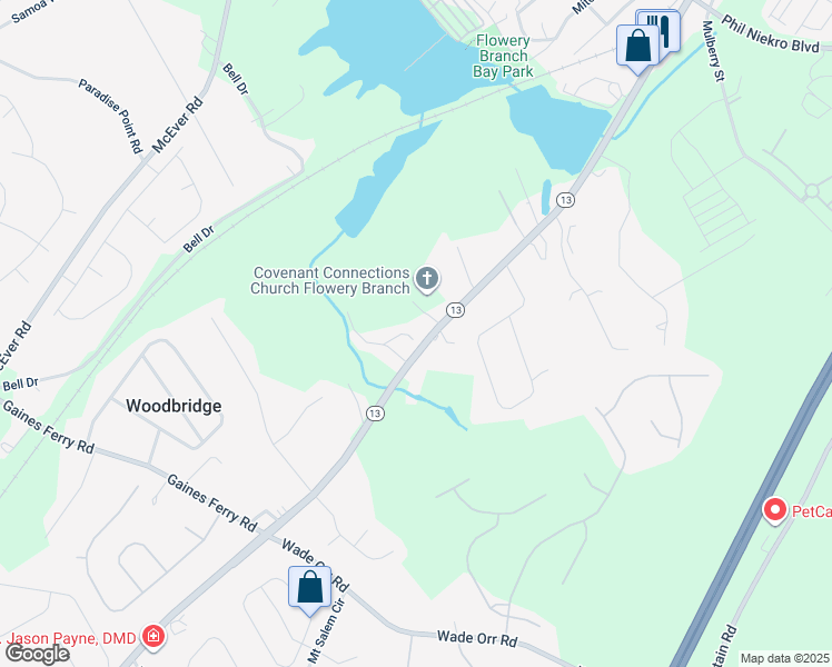 map of restaurants, bars, coffee shops, grocery stores, and more near 5848 Atlanta Highway in Flowery Branch