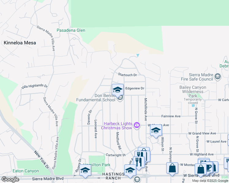 map of restaurants, bars, coffee shops, grocery stores, and more near 3695 Denair Street in Pasadena