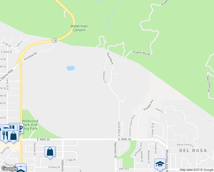 map of restaurants, bars, coffee shops, grocery stores, and more near 4728 David Way North in San Bernardino