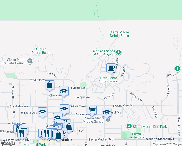 map of restaurants, bars, coffee shops, grocery stores, and more near 675 Mount Wilson Trail in Sierra Madre