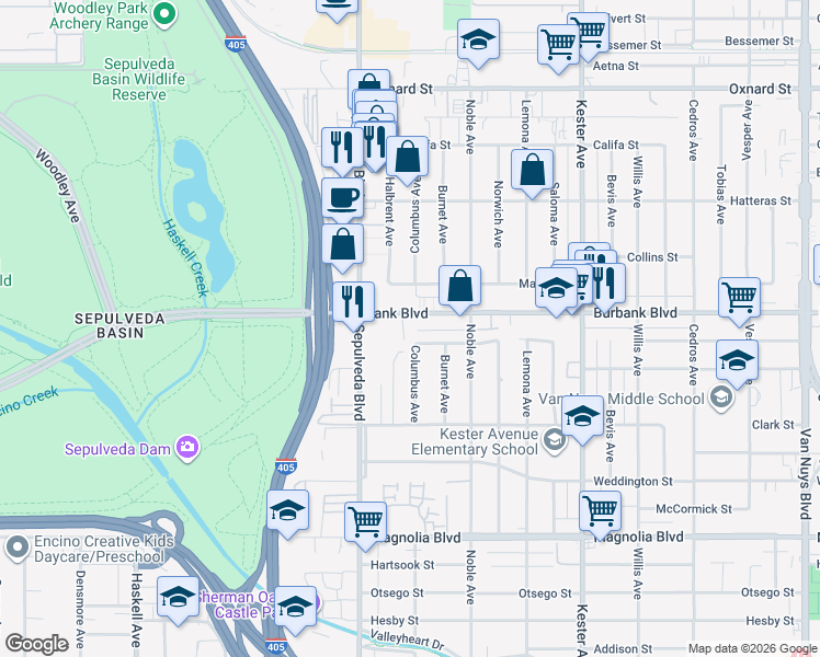map of restaurants, bars, coffee shops, grocery stores, and more near 15206 Burbank Boulevard in Los Angeles