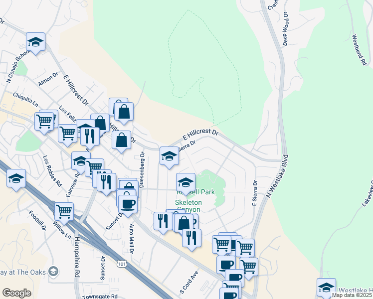 map of restaurants, bars, coffee shops, grocery stores, and more near 3195 East Sierra Drive in Westlake Village