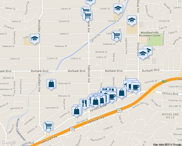 map of restaurants, bars, coffee shops, grocery stores, and more near 5550 Fallbrook Avenue in Los Angeles