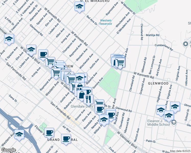 map of restaurants, bars, coffee shops, grocery stores, and more near 1214 Ruberta Avenue in Glendale