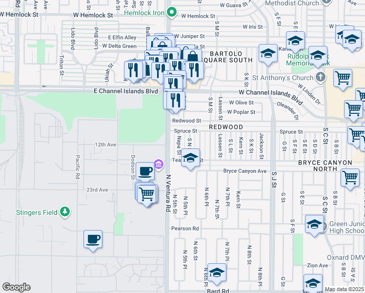 map of restaurants, bars, coffee shops, grocery stores, and more near 3100 Napa Street in Oxnard