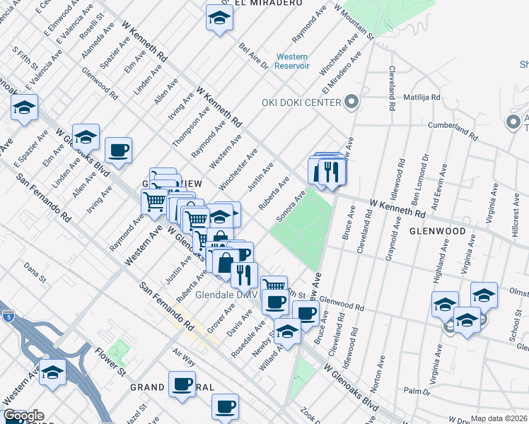 map of restaurants, bars, coffee shops, grocery stores, and more near 1214 Ruberta Avenue in Glendale