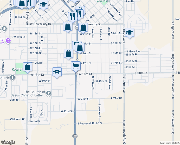 map of restaurants, bars, coffee shops, grocery stores, and more near 304 West 18th Street in Portales