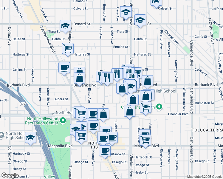 map of restaurants, bars, coffee shops, grocery stores, and more near 5553 Fulcher Avenue in Los Angeles
