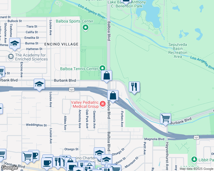 map of restaurants, bars, coffee shops, grocery stores, and more near 5535 Balboa Boulevard in Los Angeles