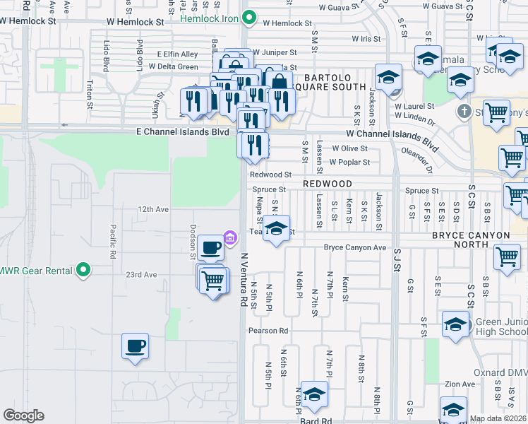 map of restaurants, bars, coffee shops, grocery stores, and more near 3100 Napa Street in Oxnard