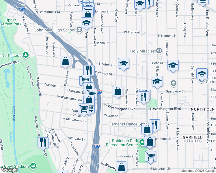 map of restaurants, bars, coffee shops, grocery stores, and more near 270 Del Monte Street in Pasadena