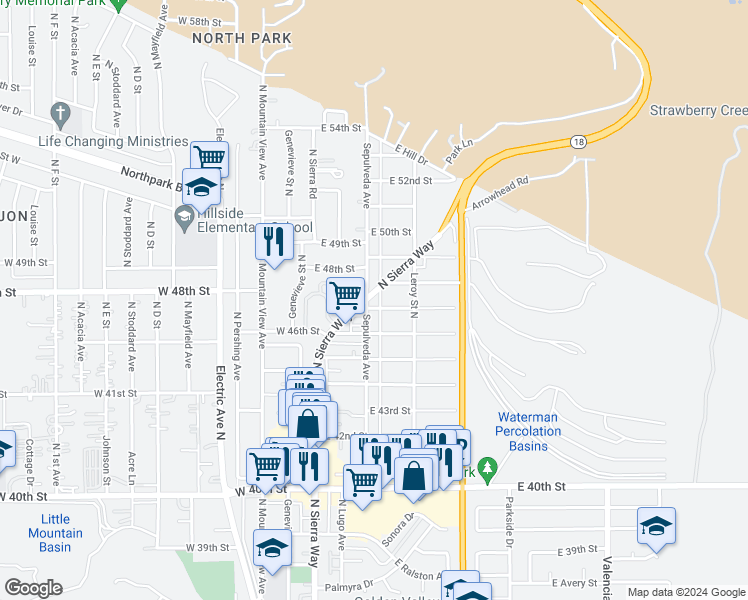 map of restaurants, bars, coffee shops, grocery stores, and more near 4711 North Sierra Way in San Bernardino