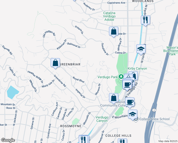 map of restaurants, bars, coffee shops, grocery stores, and more near 1624 Arboles Drive in Glendale