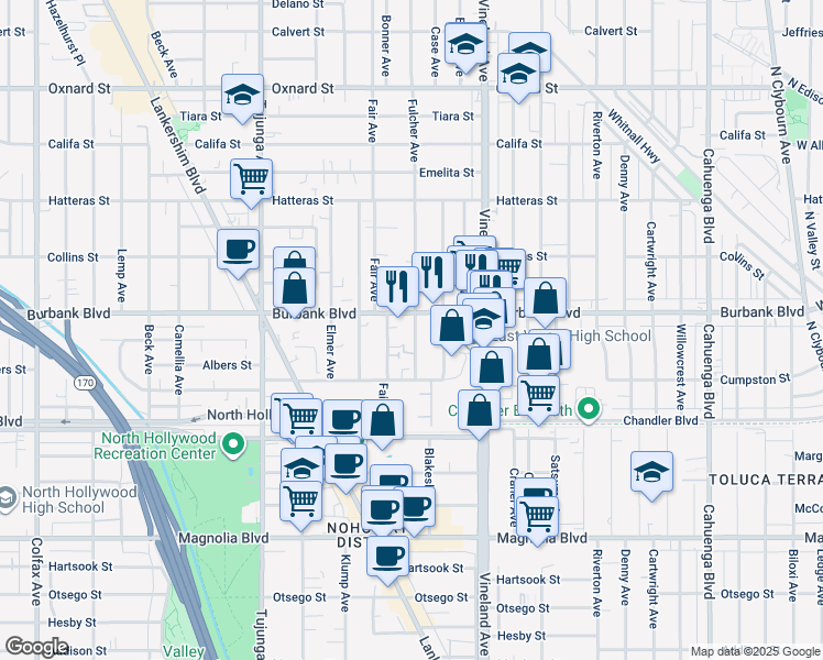 map of restaurants, bars, coffee shops, grocery stores, and more near 5553 Fulcher Avenue in Los Angeles