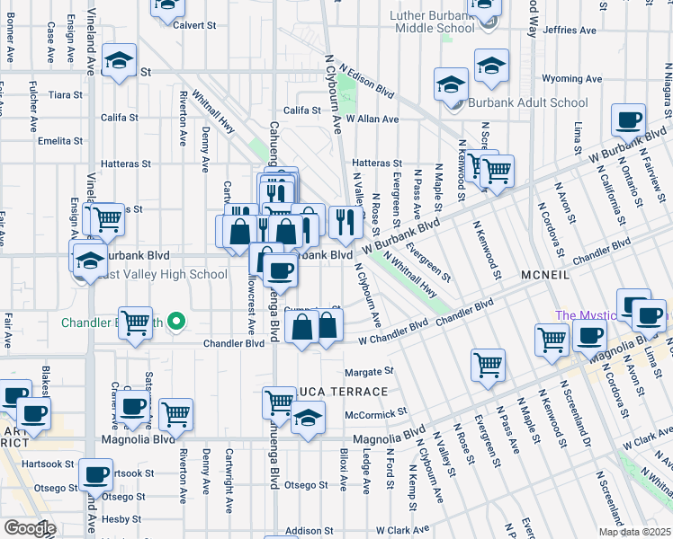 map of restaurants, bars, coffee shops, grocery stores, and more near 5552 Strohm Avenue in Los Angeles