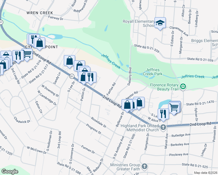 map of restaurants, bars, coffee shops, grocery stores, and more near 1427 Fairfax Road in Florence