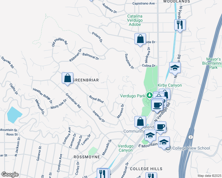 map of restaurants, bars, coffee shops, grocery stores, and more near 1624 Arboles Drive in Glendale