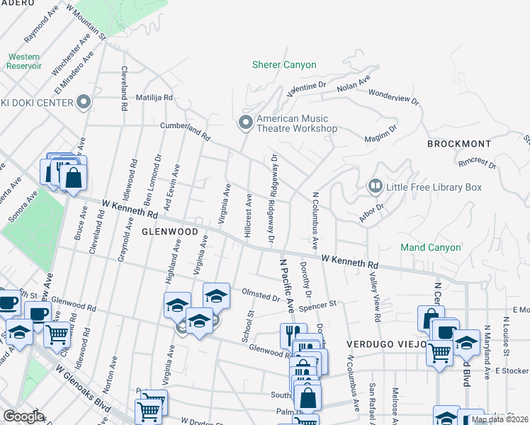 map of restaurants, bars, coffee shops, grocery stores, and more near 1549 Ridgeway Drive in Glendale
