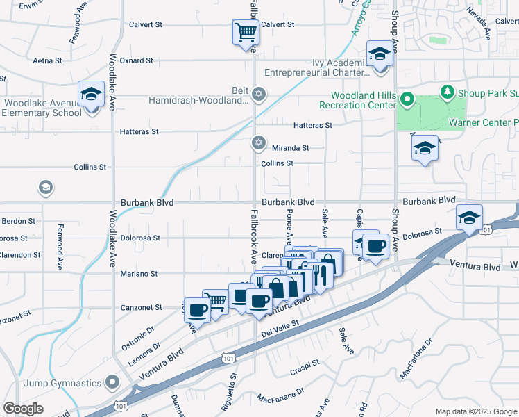 map of restaurants, bars, coffee shops, grocery stores, and more near 5550 Fallbrook Avenue in Los Angeles
